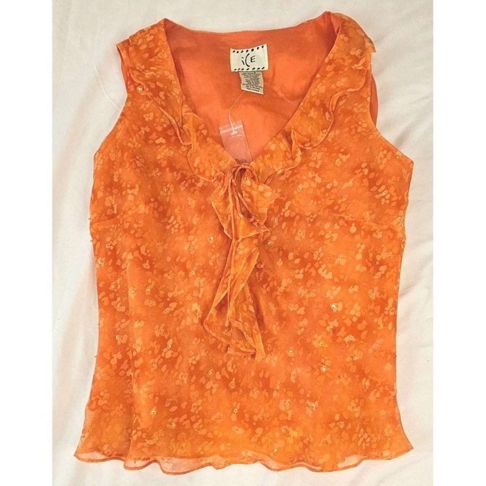 iCE Orange Silk Floral Y2K Sequin Ruffle V-Neck Sleeveless Blouse Top Small